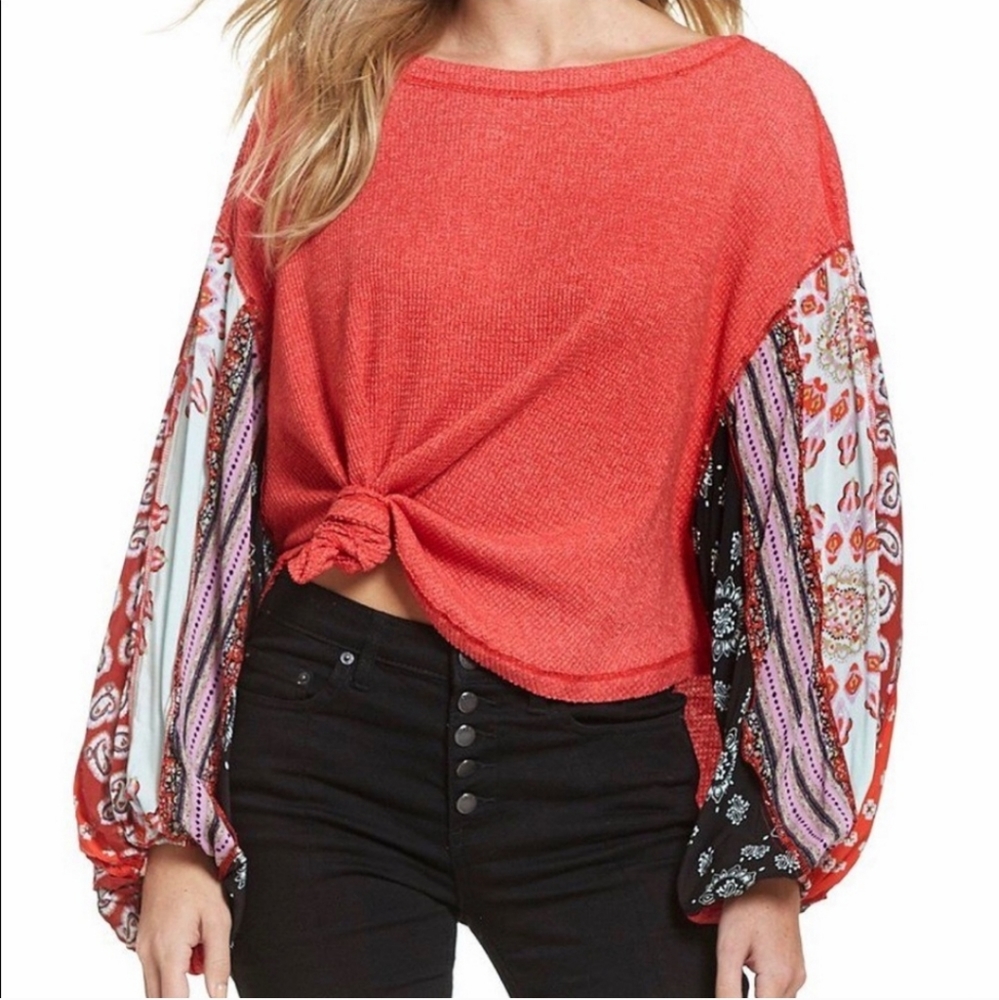 Free People Red Waffle Knit Paisley Patchwork Dolman Sleeve Top Large